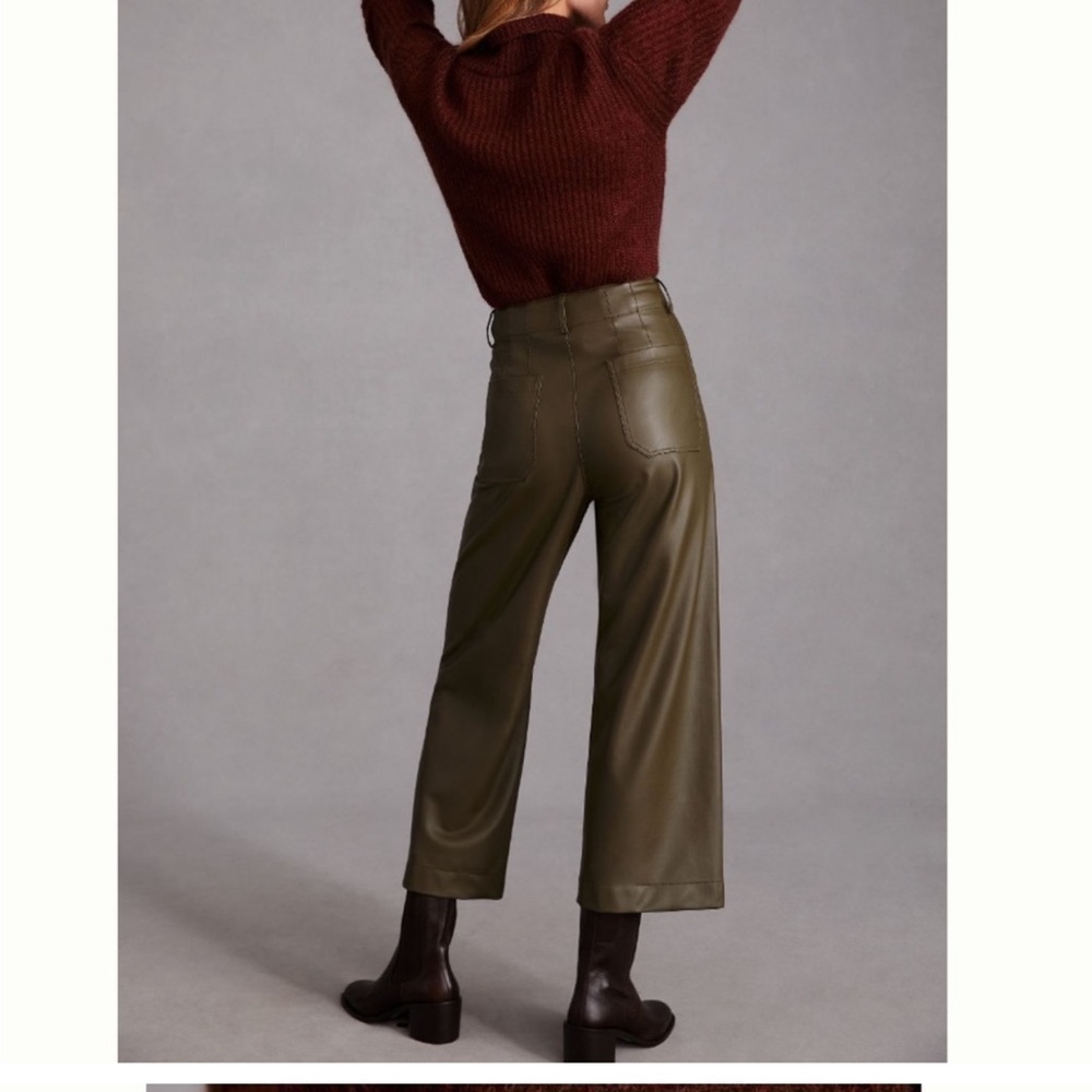 Anthropologie Maeve Colette Cropped Wide Leg Faux Leather Pants olive color - Picture 3 of 11